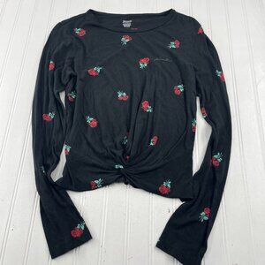 Victorias Secret Pink Rose Print Knot Front Long Sleeve Top S Cotton/Modal Black